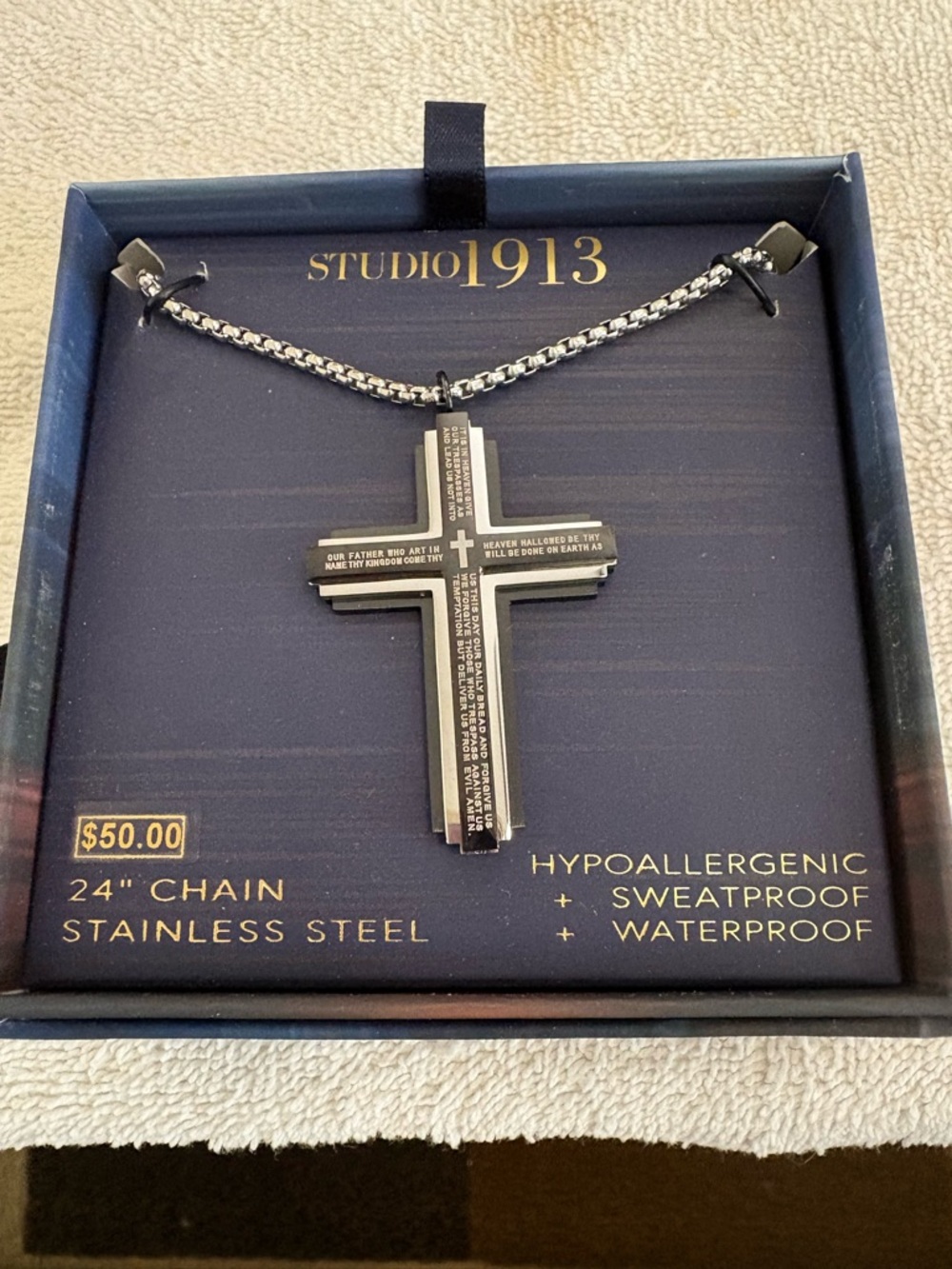 Men's STUDIO 1913 Two Tone Stainless Steel Lords Prayer Cross Necklace 24” NEW
